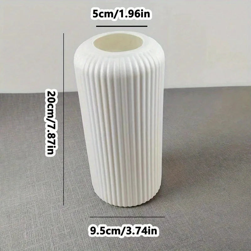 1Pc Chic Striped Ceramic-Look Plastic Vase for Flowers - Durable, Easy-To-Place Decorative Floral Display Piece