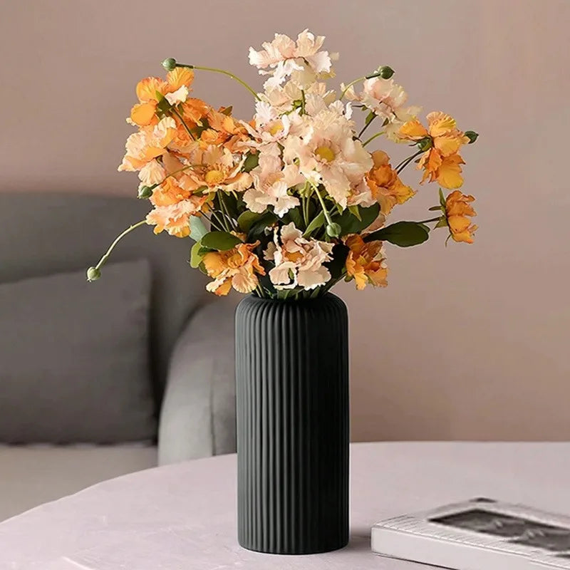 1Pc Chic Striped Ceramic-Look Plastic Vase for Flowers - Durable, Easy-To-Place Decorative Floral Display Piece