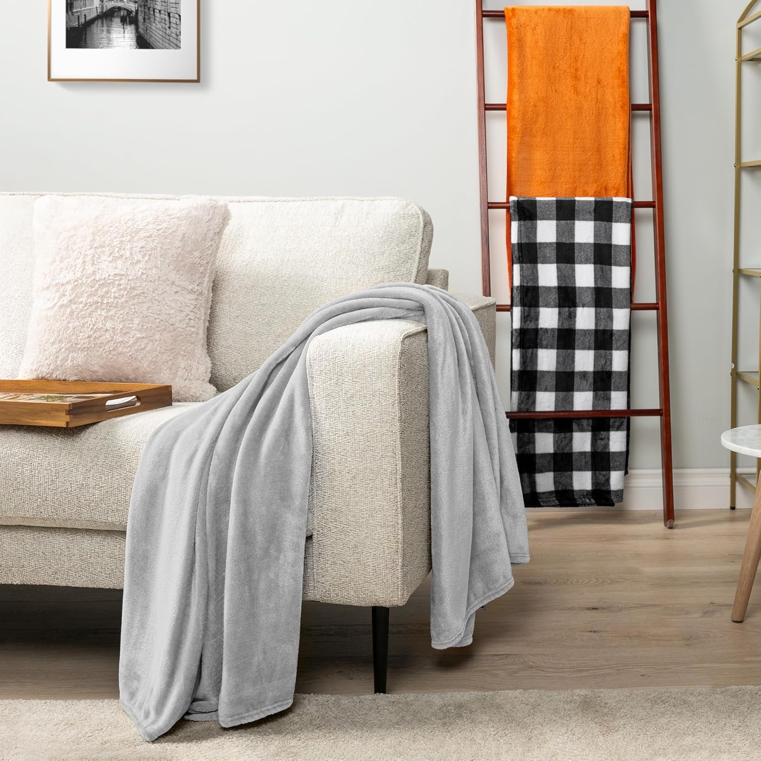 Light Grey Fleece Throw Blanket for Couch, Silver Super Soft Fuzzy Flannel Throw for Sofa, Luxury Plush Microfiber Bed Blanket, Cozy Home Decorative Velvet Gift Blanket, 50X60